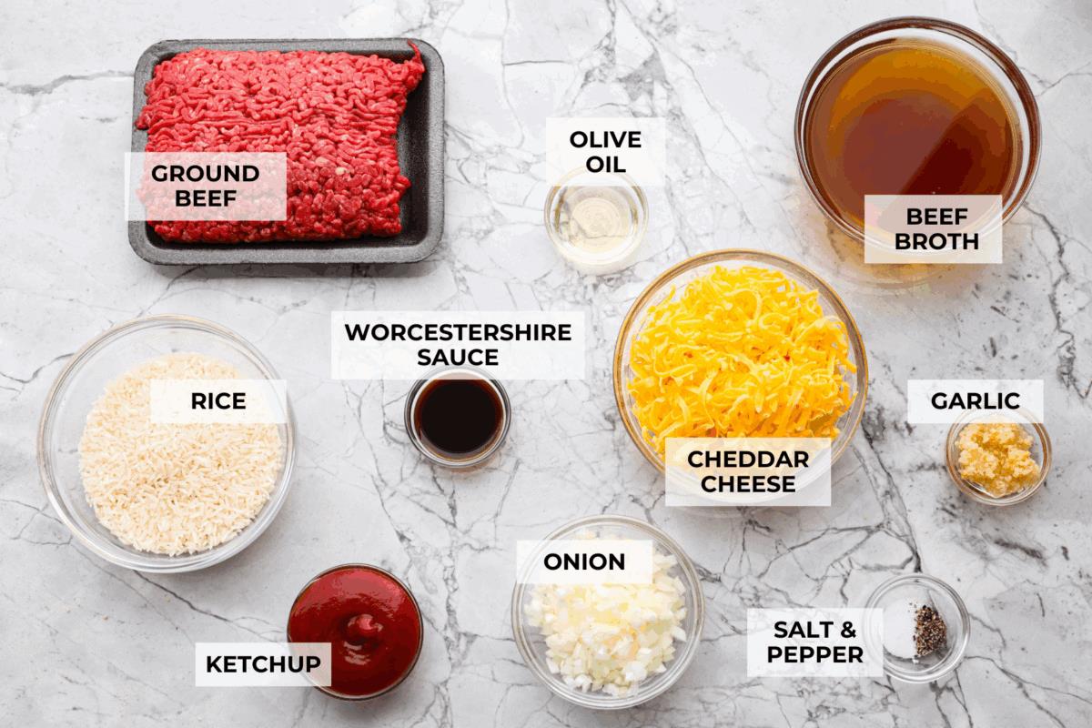 Overhead shot of labeled ingredients. 