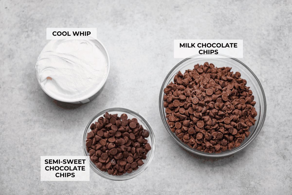 Overhead shot of labeled cool whip candy ingredients. 