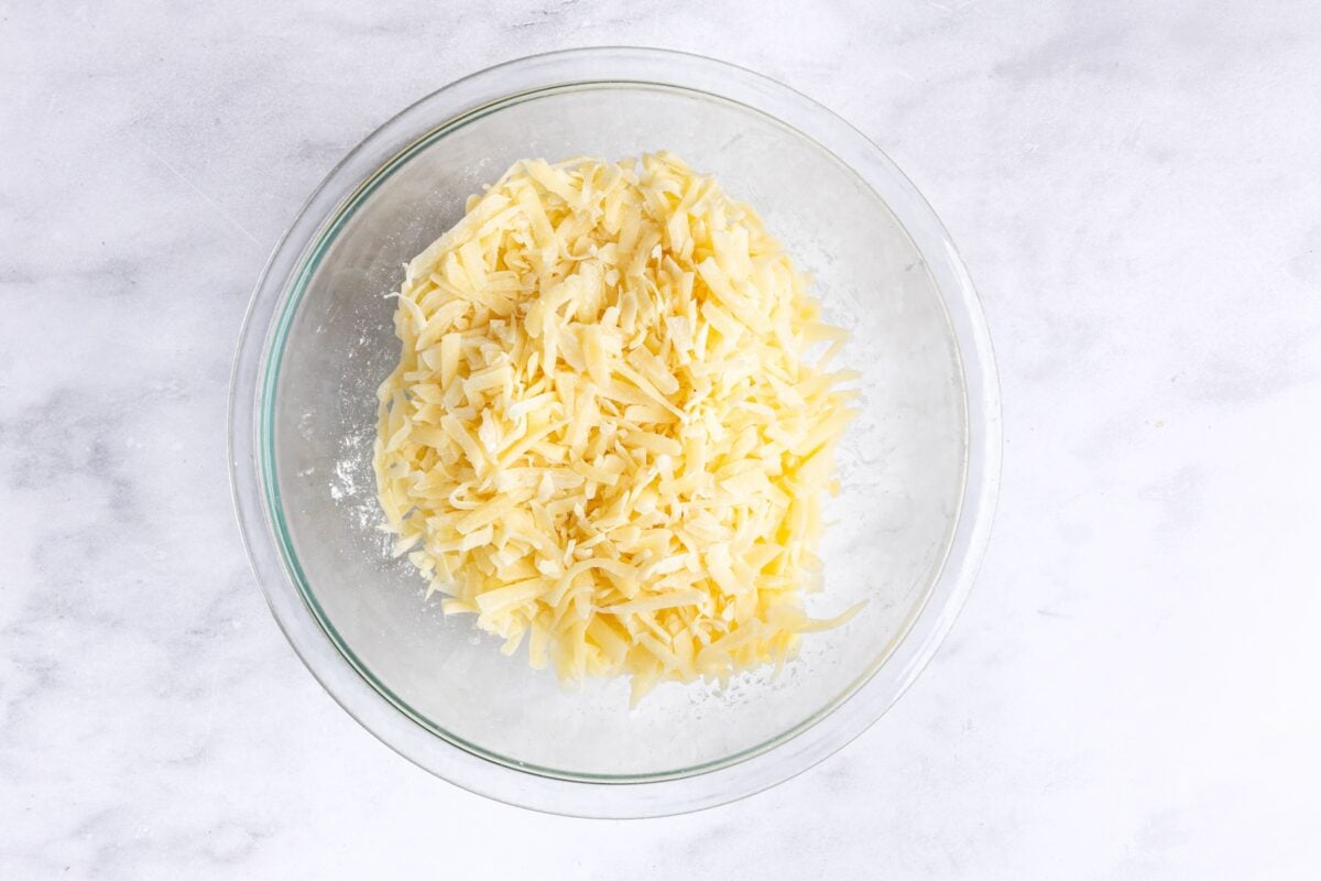 large bowl with Gruyère and Emmentaler and cornstarch