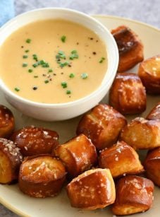 beer cheese dip with pretzel bites.