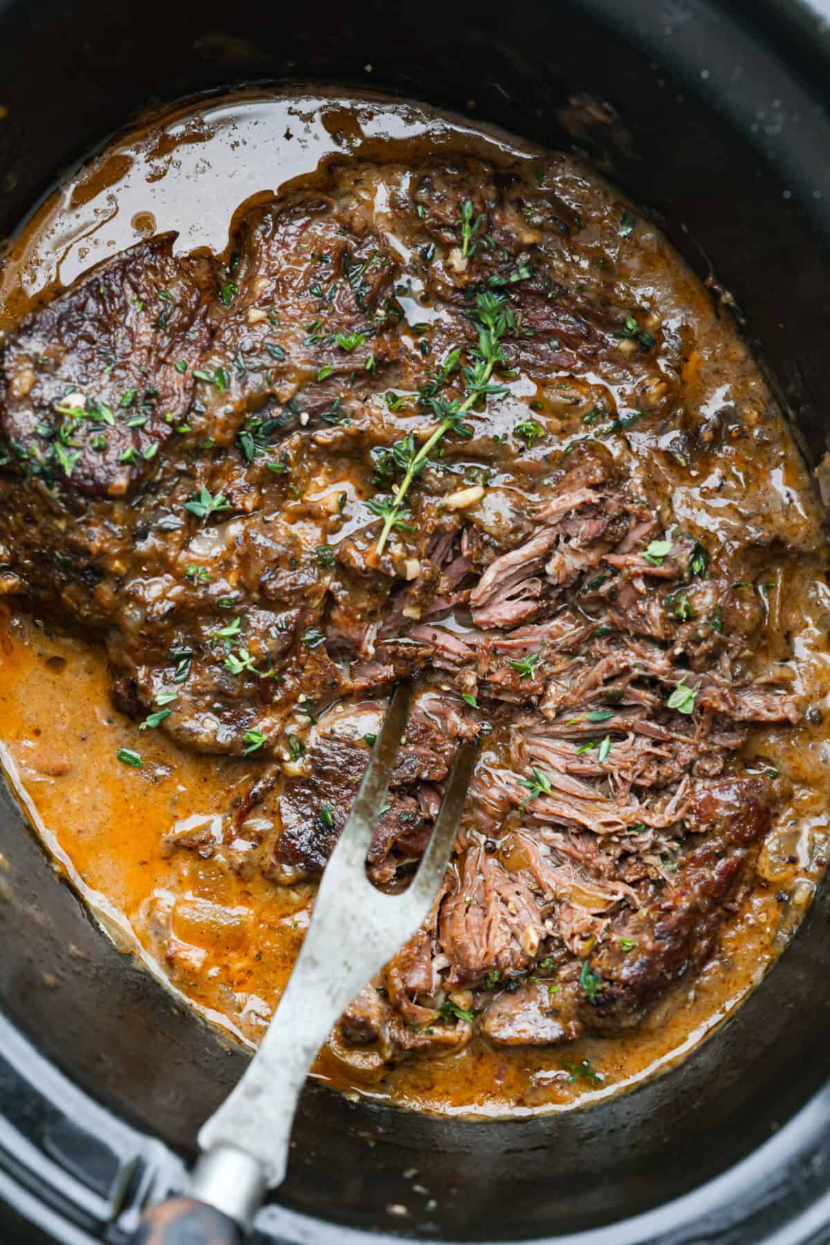 Horseradish pot roast in a slow cooker. 