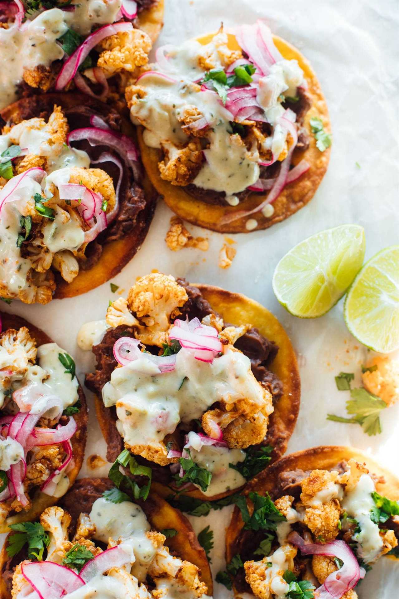 Cauliflower black bean tostadas with lime.