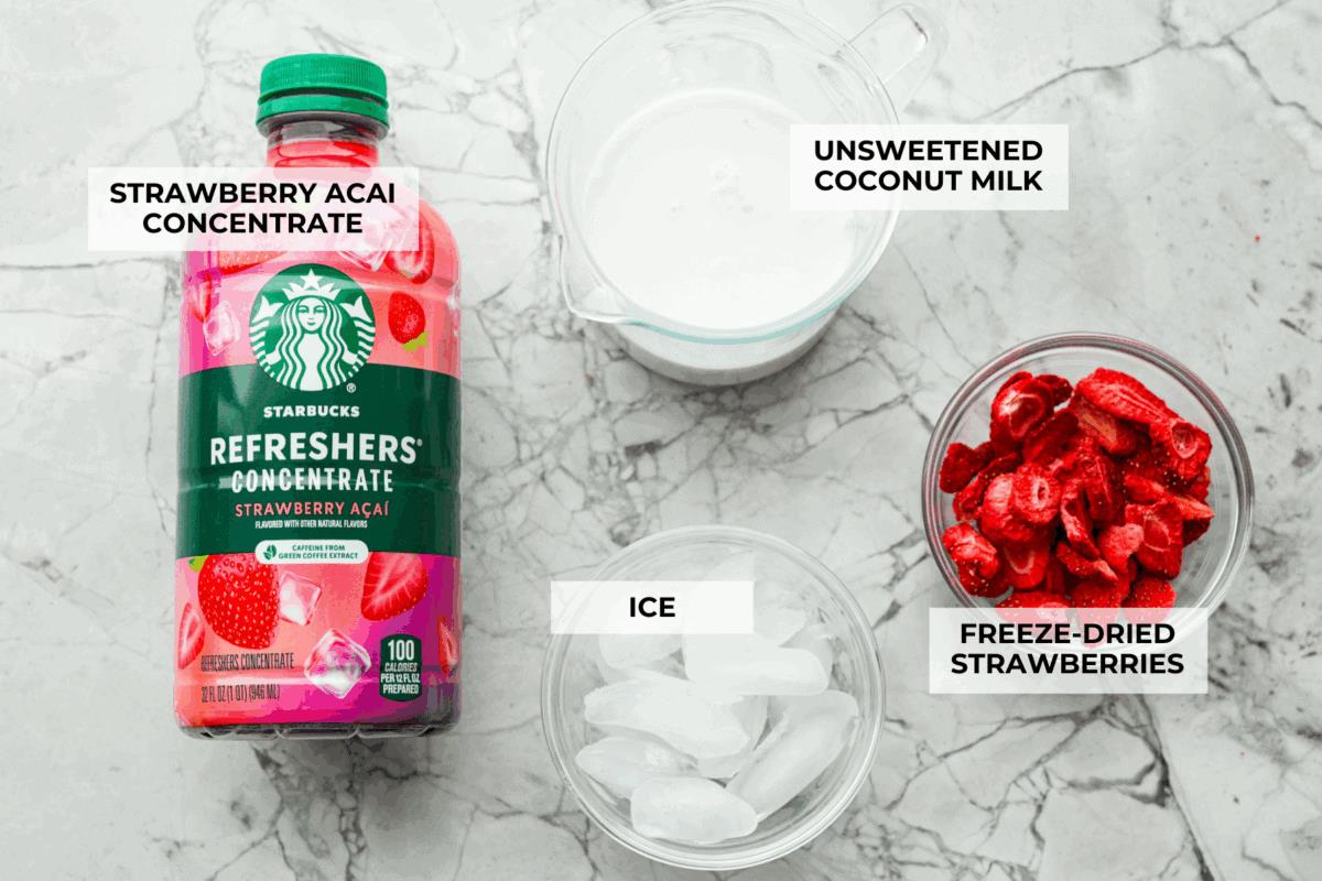 Overhead shot of labeled ingredients. 