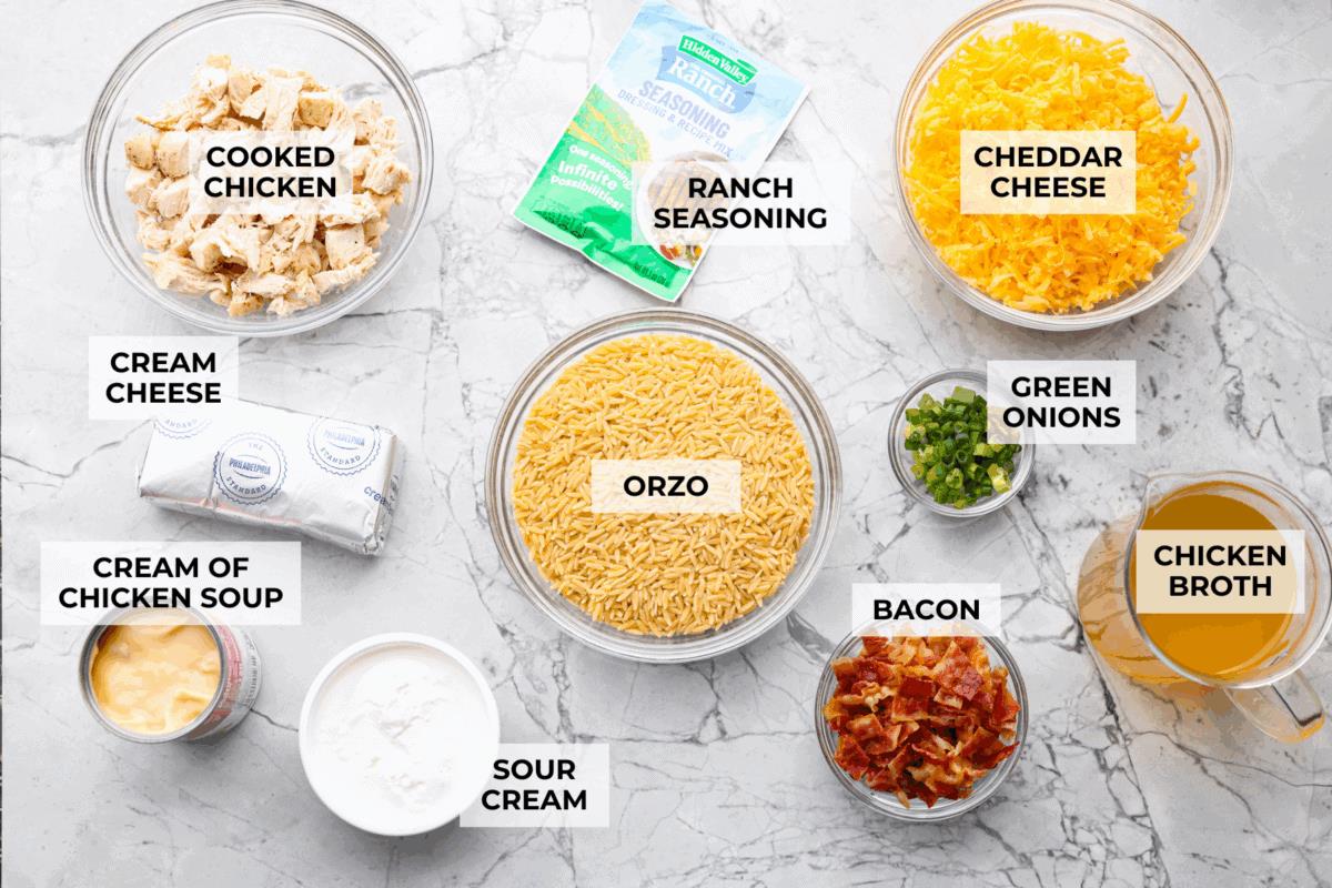 Overhead shot of labeled crack chicken orzo ingredients. 