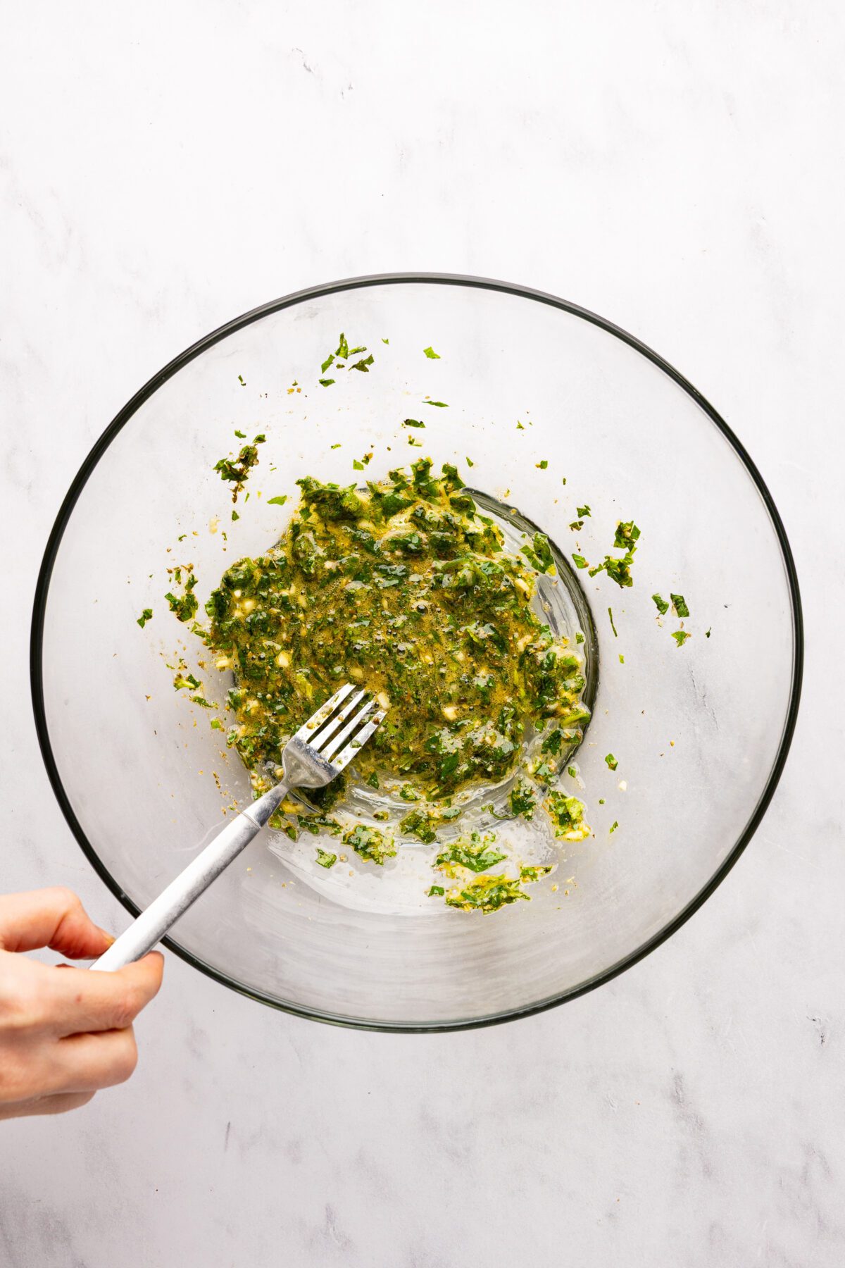 large bowl with egg, mint, garlic, oregano, cumin, and salt mixed together
