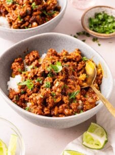 gray bowl with cuban picadillo served over white rice