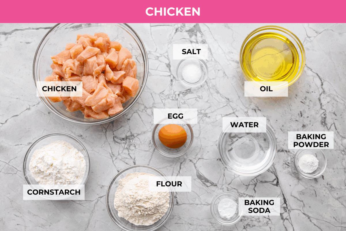Overhead shot of labeled PF Chang's honey chicken ingredients.