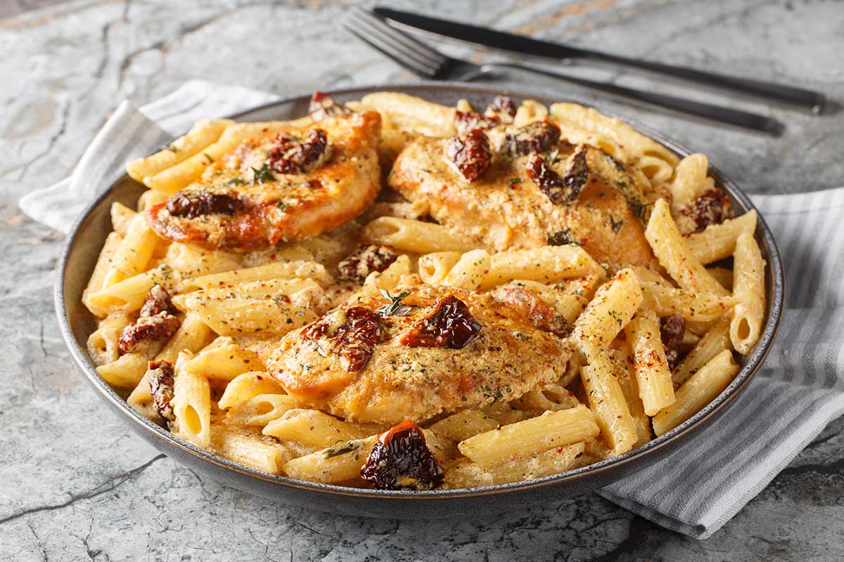 Marry Me Chicken Pasta made with Marry Me Marinara sauce — penne pasta with creamy tomato sauce and golden chicken