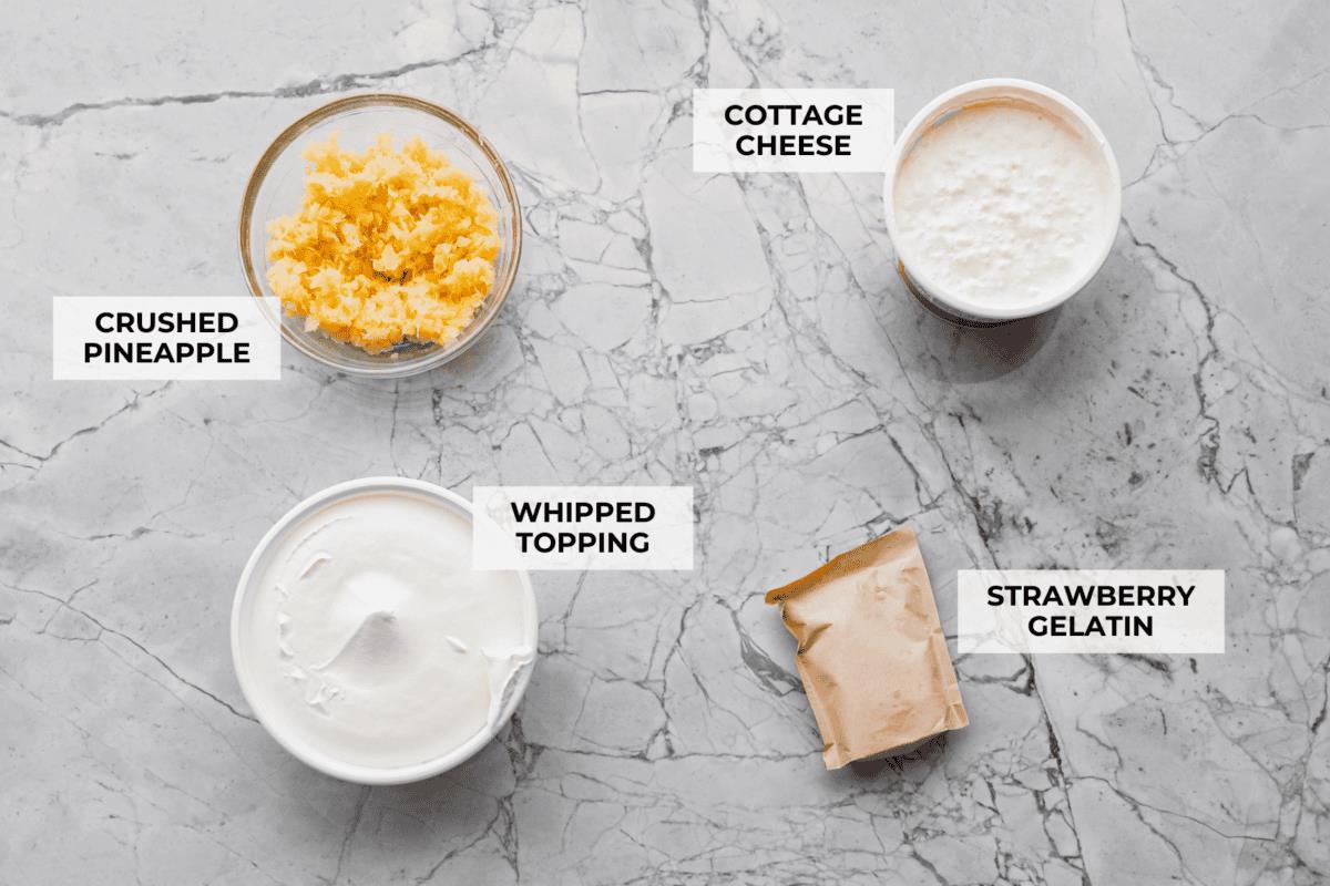 Overhead shot of labeled ingredients. 