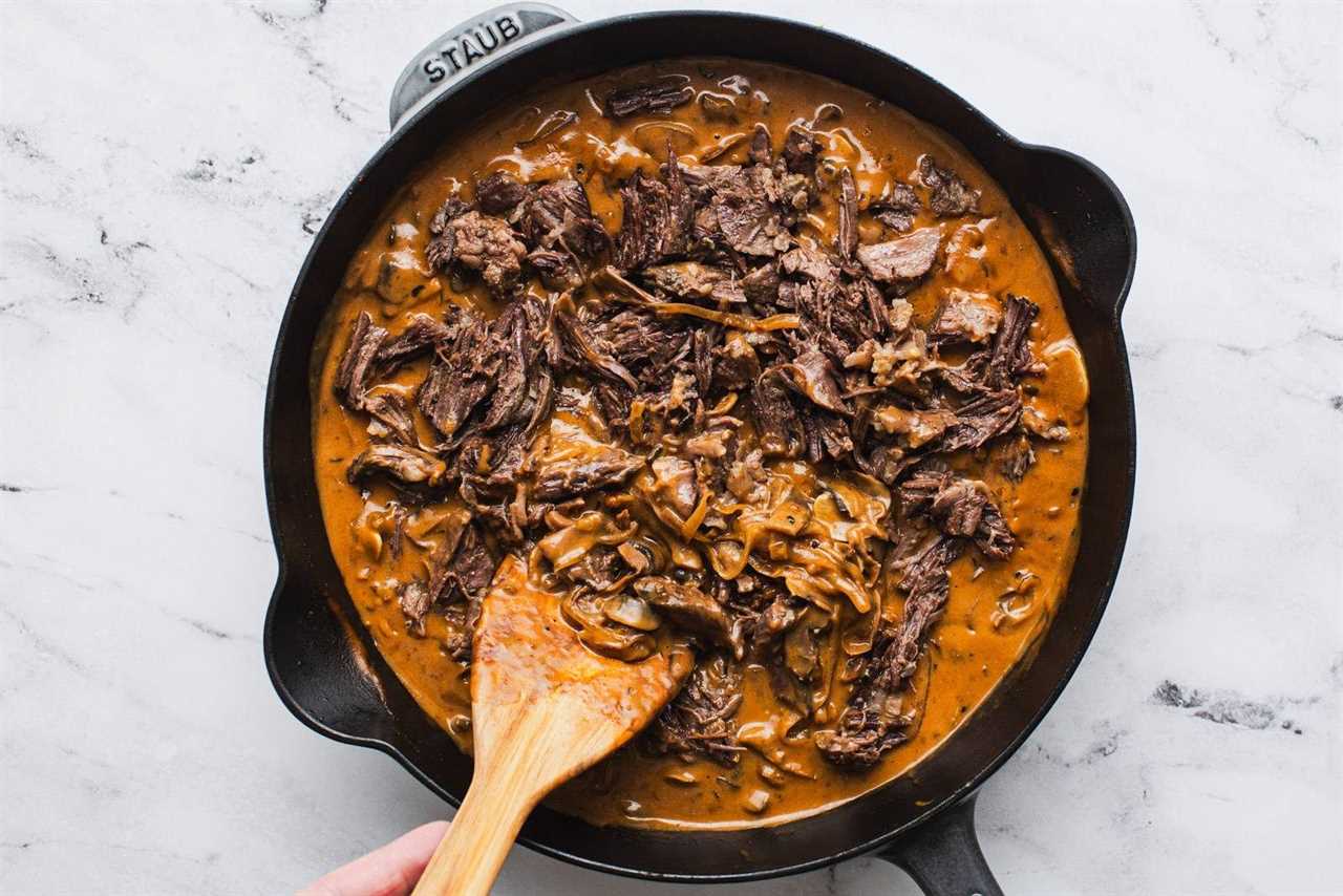 Beef and gravy in a skillet.