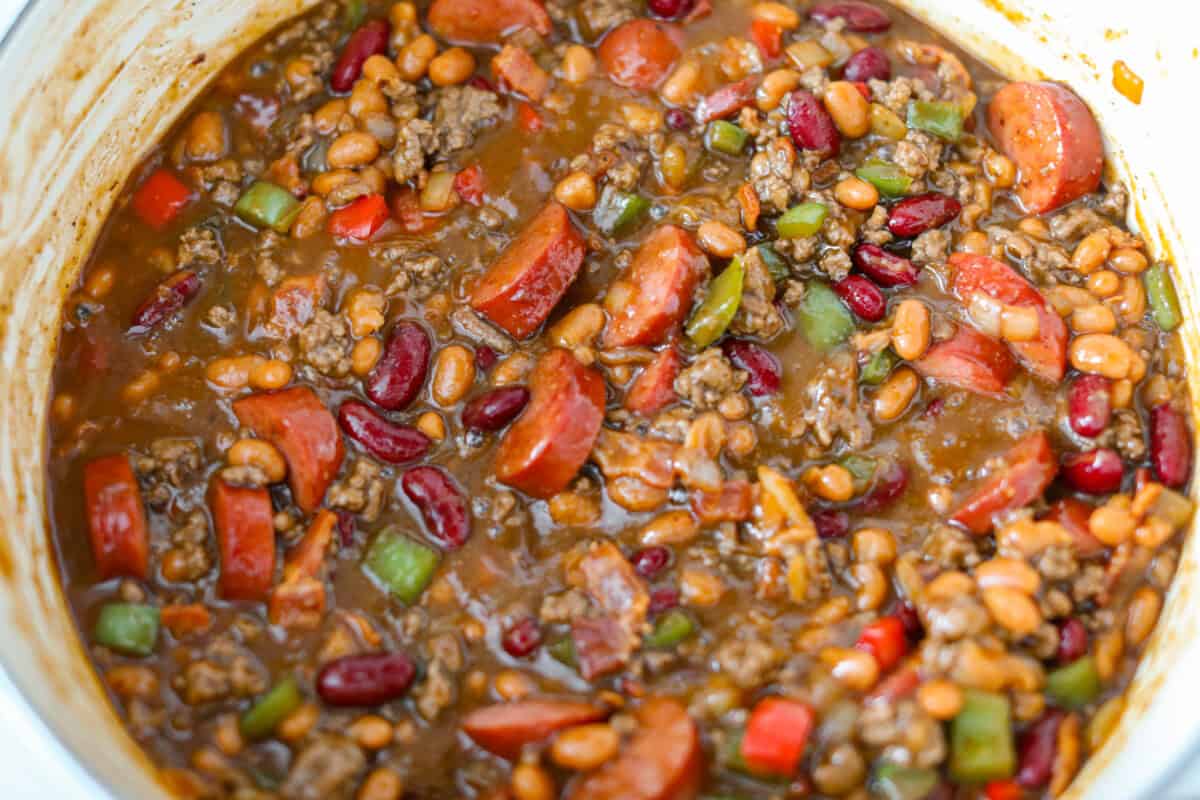 Everything added to the pot and stirred together, ready to go in the oven.