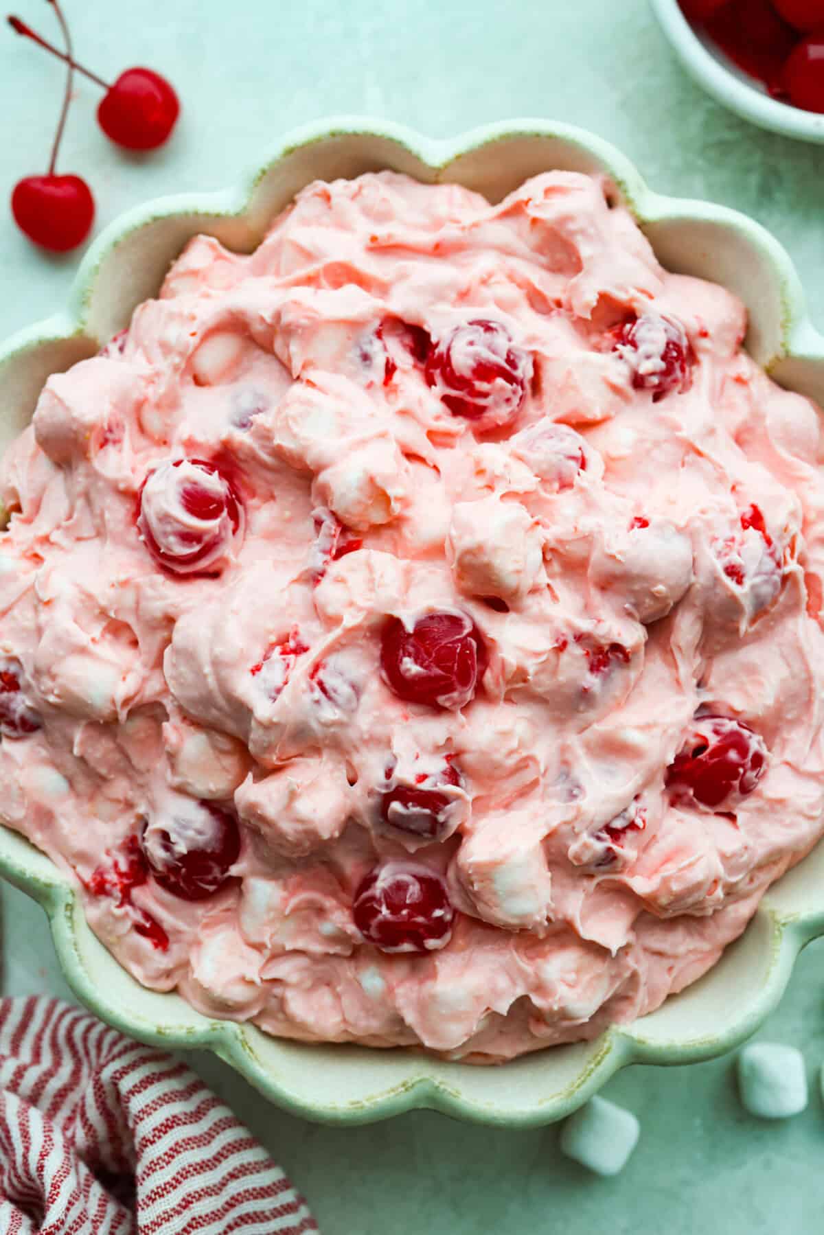 Large bowl of cherry cheesecake fluff. 