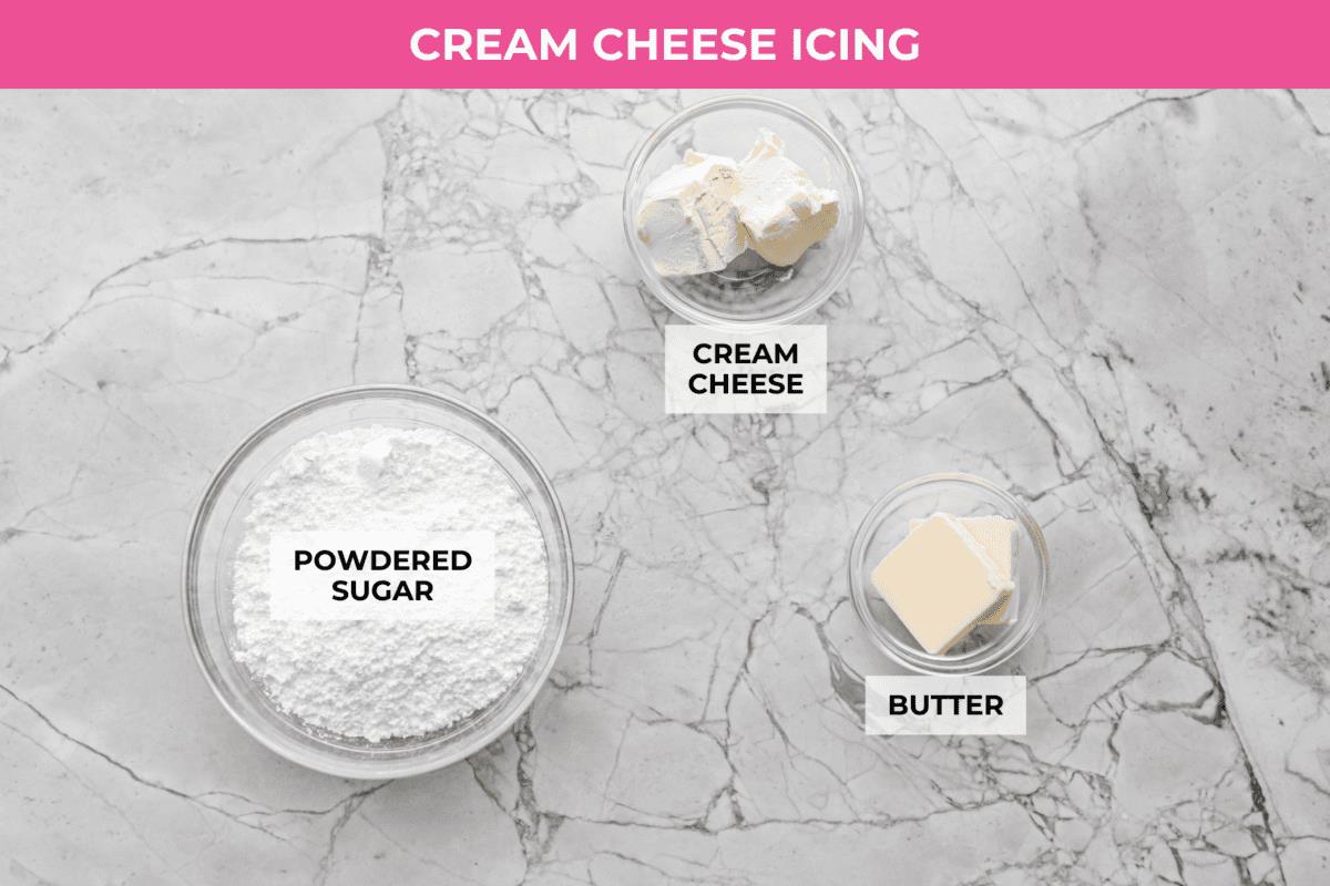 Overhead shot of labeled cream cheese icing ingredients. 