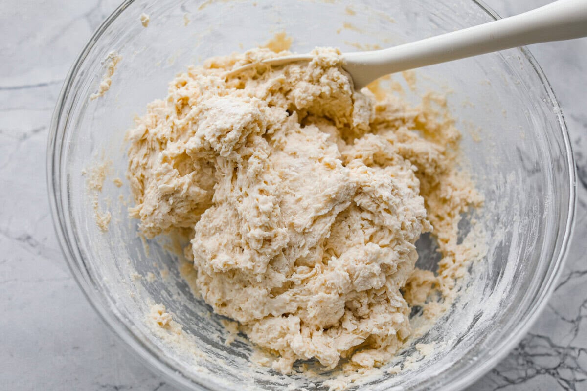 Buttermilk added to the dry ingredients and mixed together. 