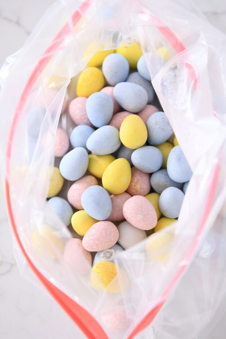Gallon ziploc bag filled with whole cadbury eggs.