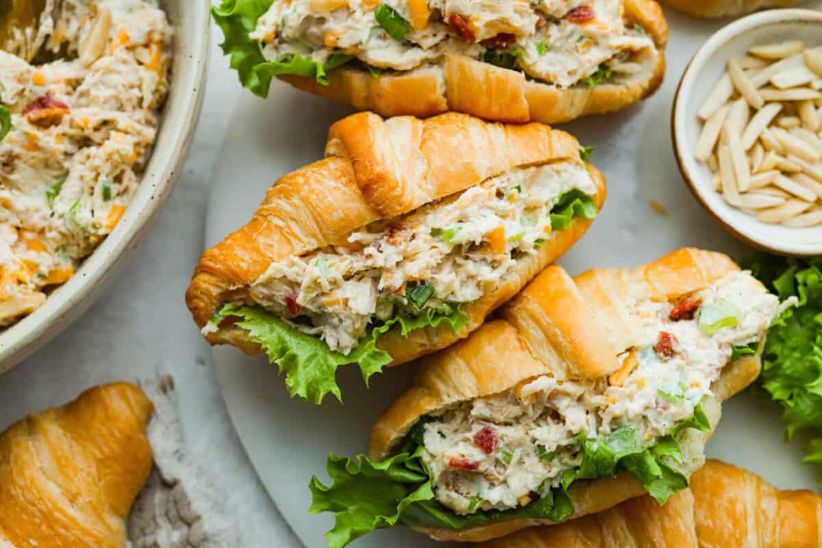 Million dollar chicken salad in croissants with lettuce. 