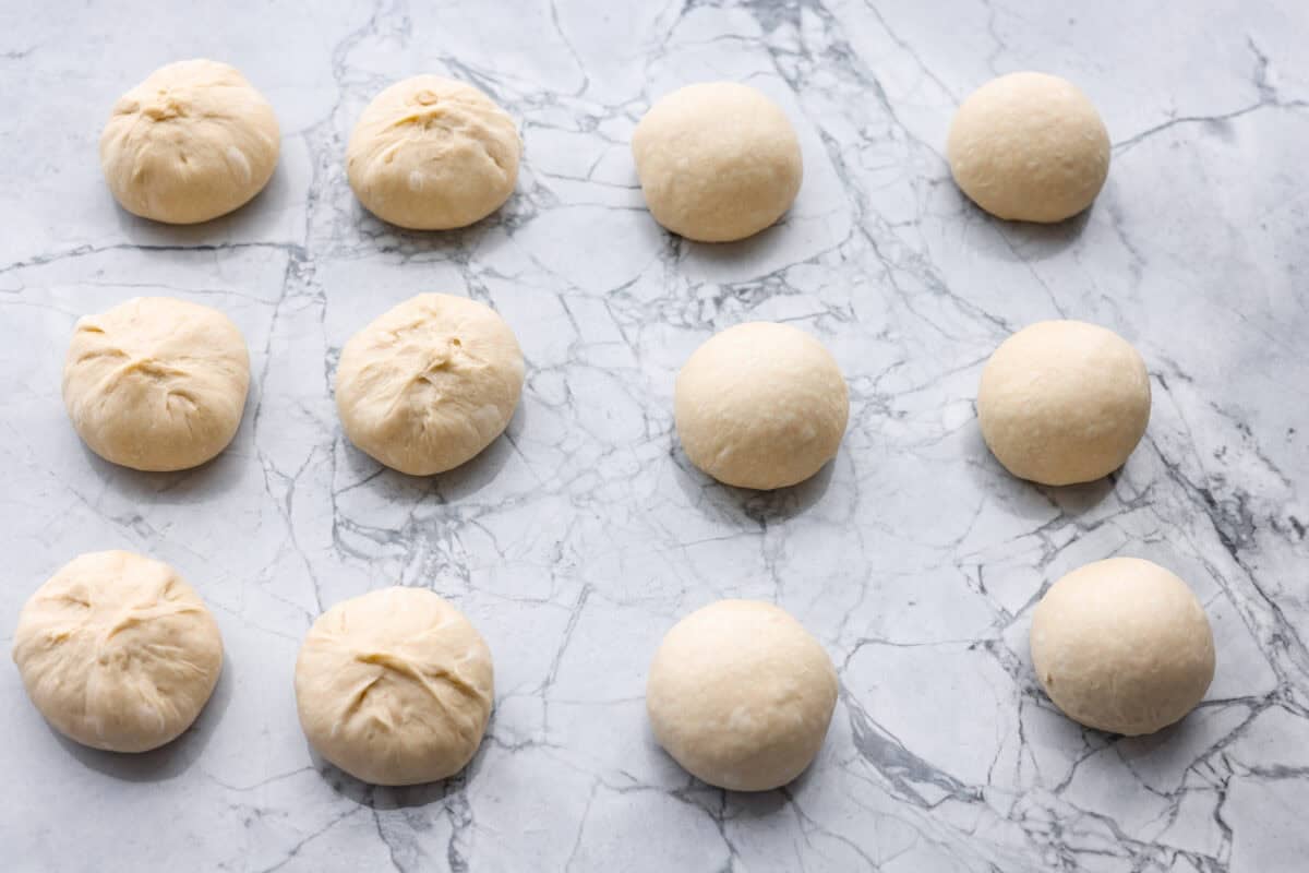 Dough sections rolled into balls. 