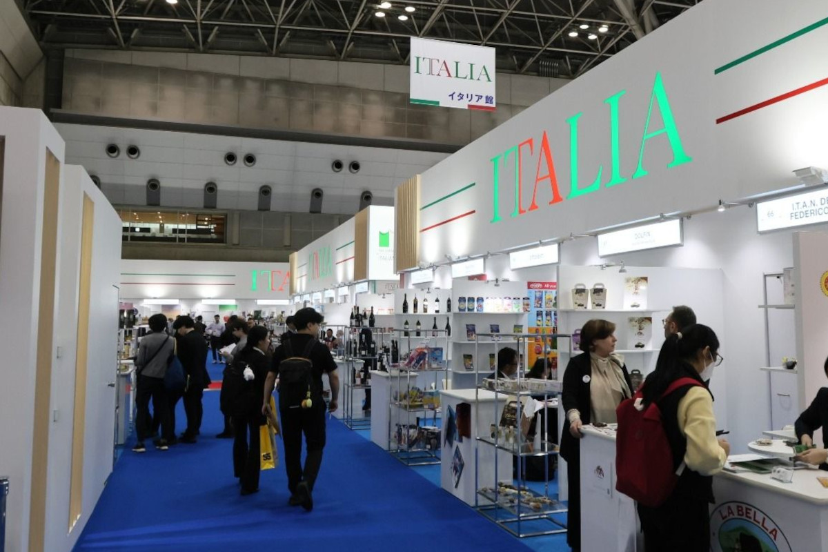 Foodex Japan 2025: Italian Pavilion showcasing Italian food and beverage products at an international trade show.