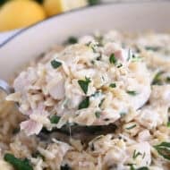 Serving spoon with scoop of creamy orzo, spinach and chicken.