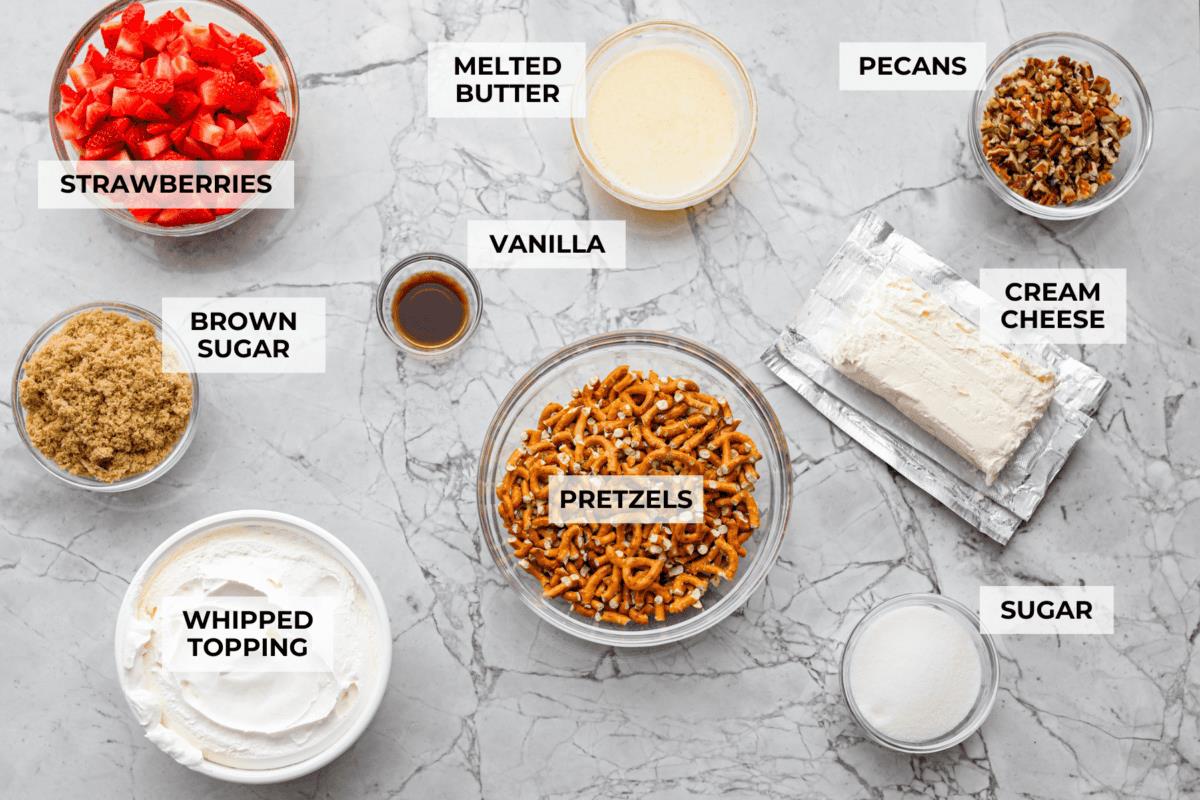 Overhead shot of labeled crack pretzel salad ingredients.