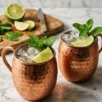 Moscow Mules on white marble countertop.