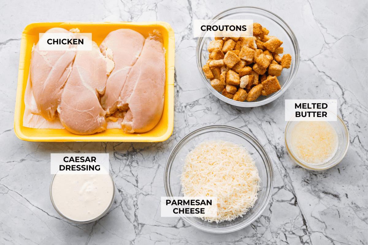 Overhead shot of labeled ingredients.