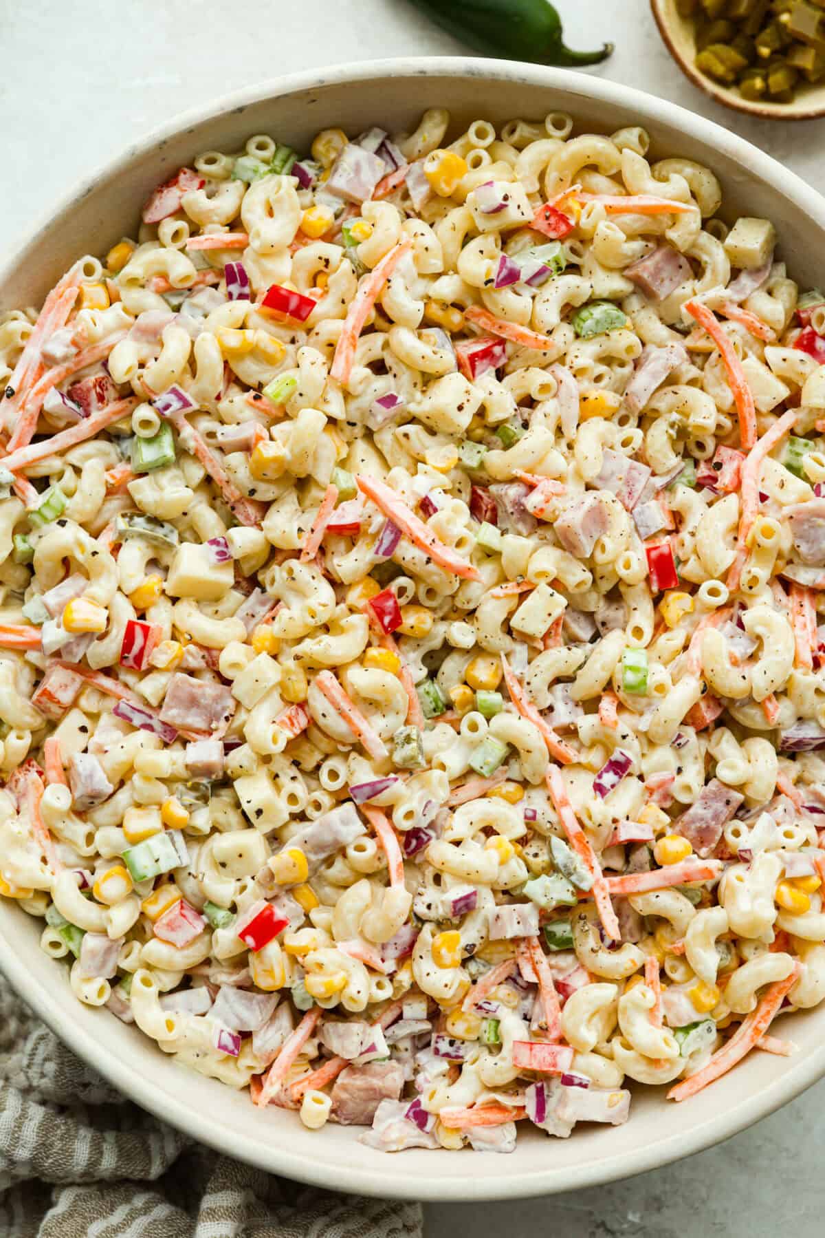 Large bowl of Mexican macaroni salad. 