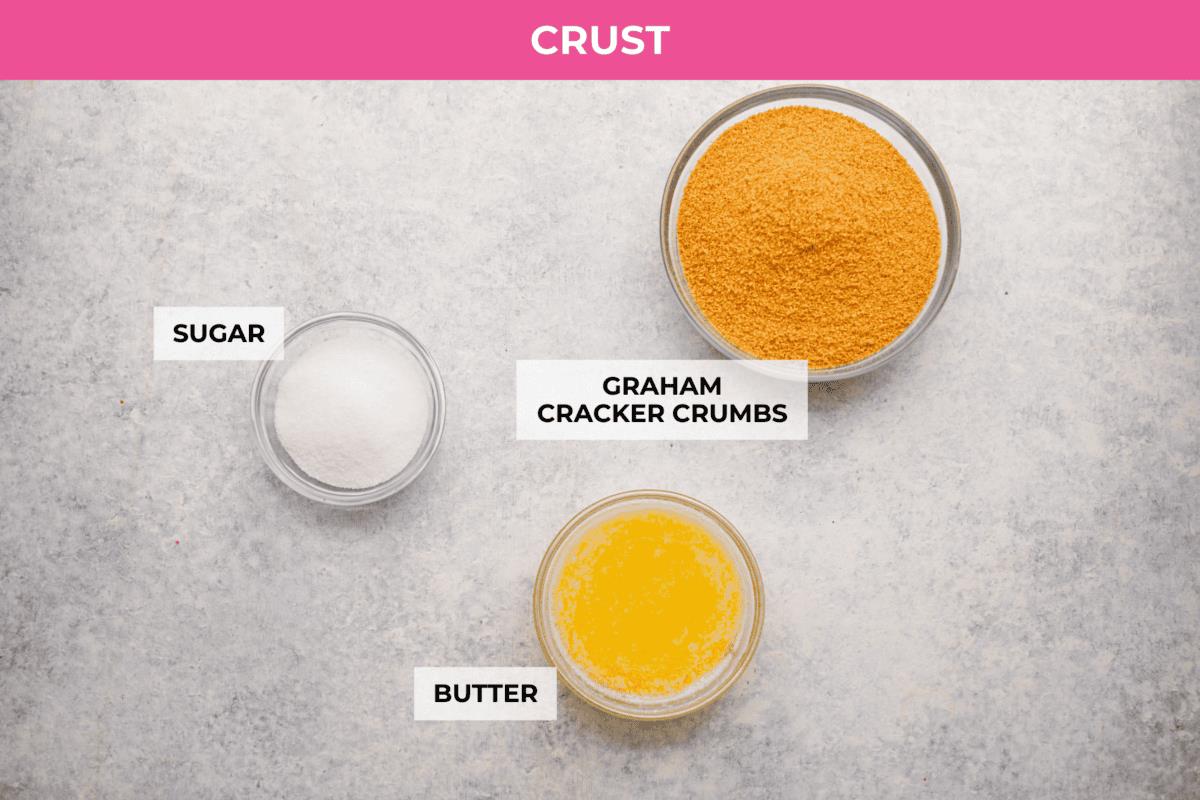 Overhead shot of labeled crust ingredients. 