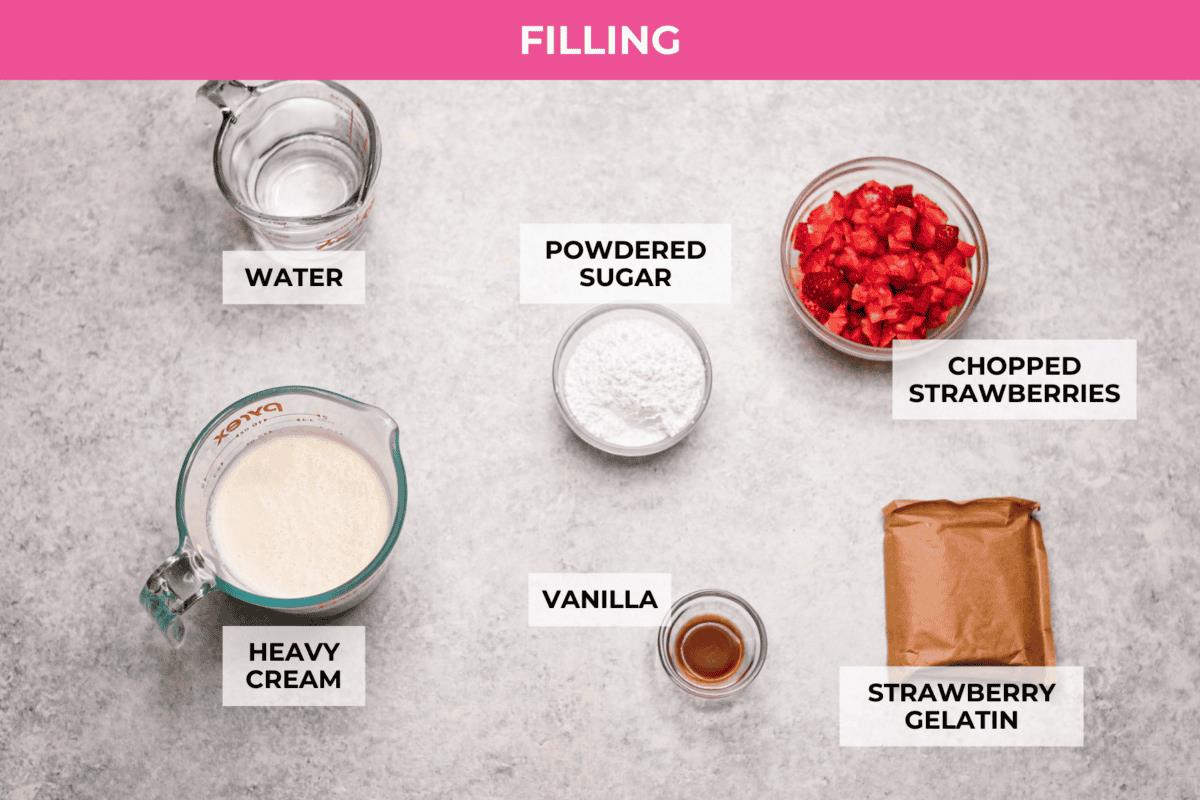Overhead shot of labeled no bake strawberry cream pie filling ingredients. 