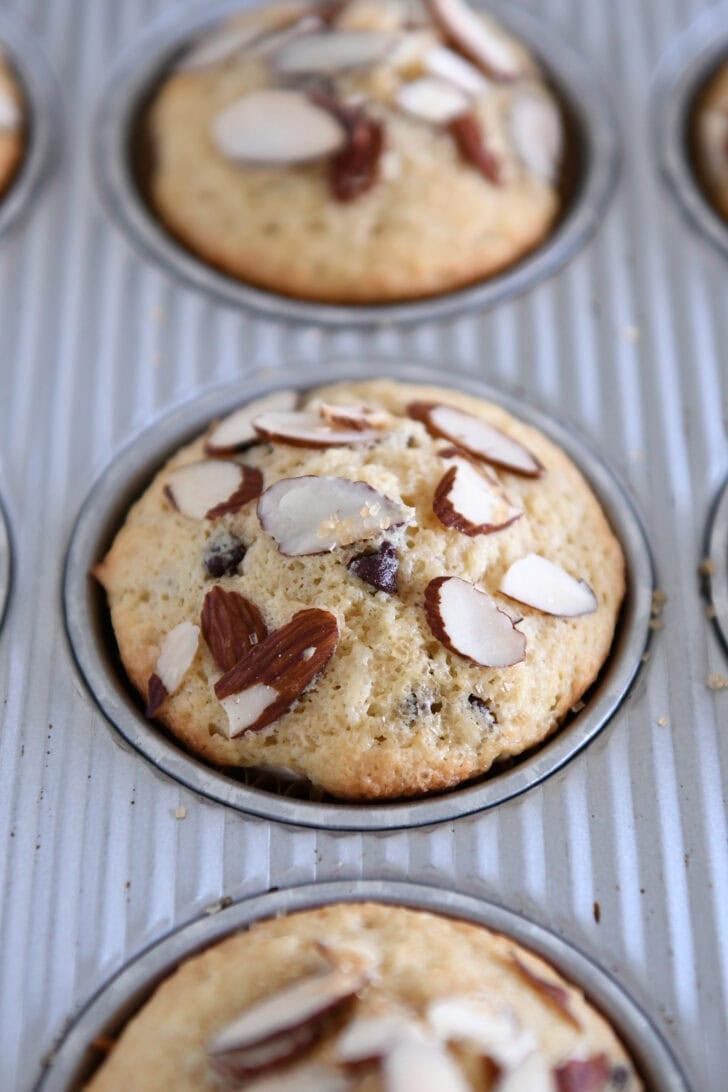 Baked almond coconut chocolate chip muffins in muffin tin.