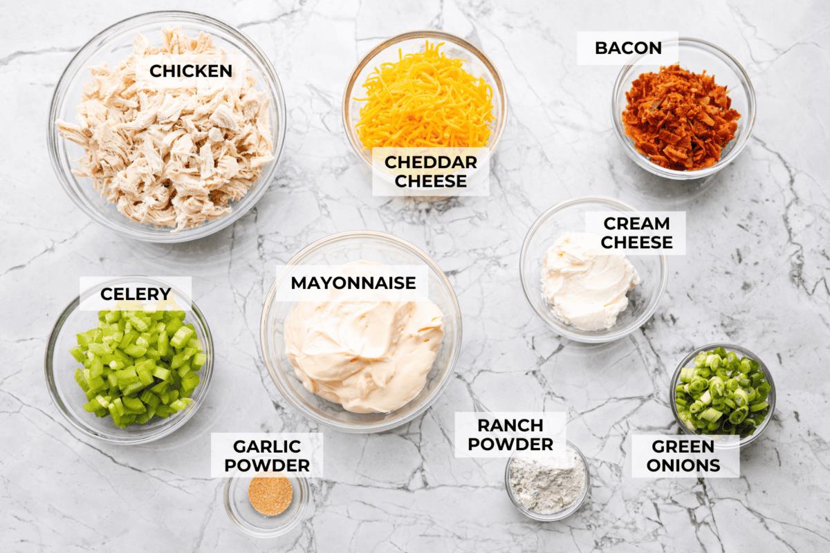 Overhead shot of labeled ingredients. 
