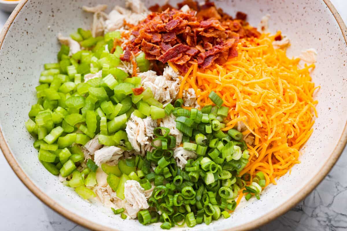 Cheese, bacon, chicken, celery, and green onions added to the sauce mixture.