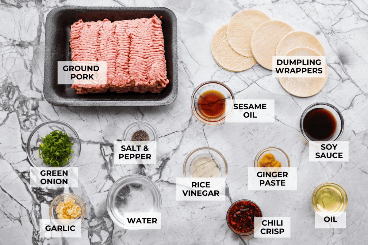 Overhead shot of labeled blanket dumpling ingredients