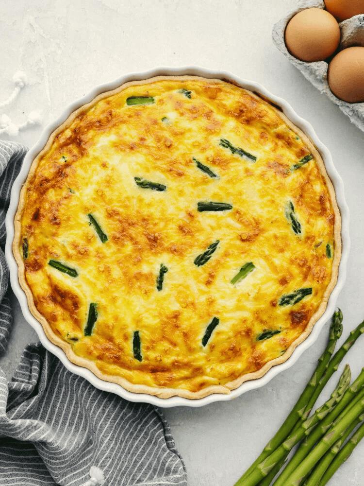 Fully baked asparagus quiche. 