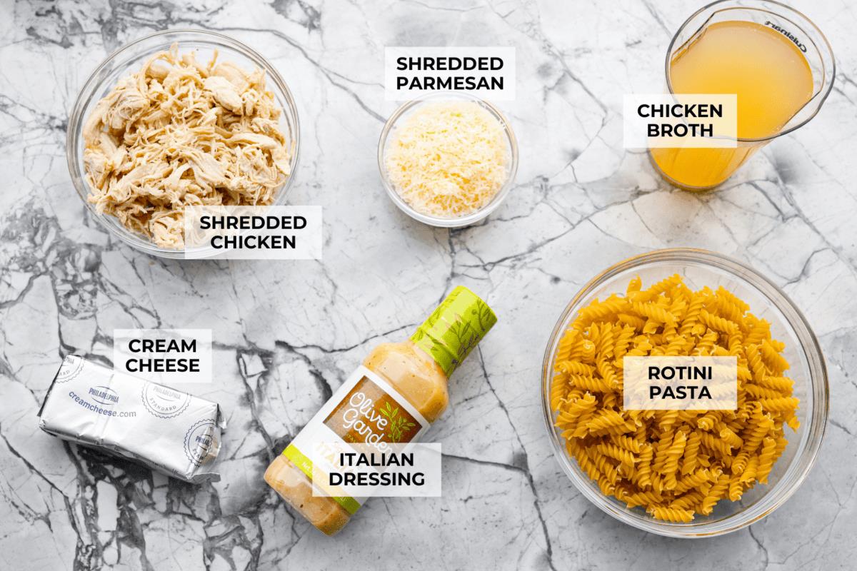 Overhead shot of labeled ingredients. 