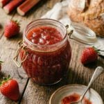 Jar of strawberry rhubarb jam.