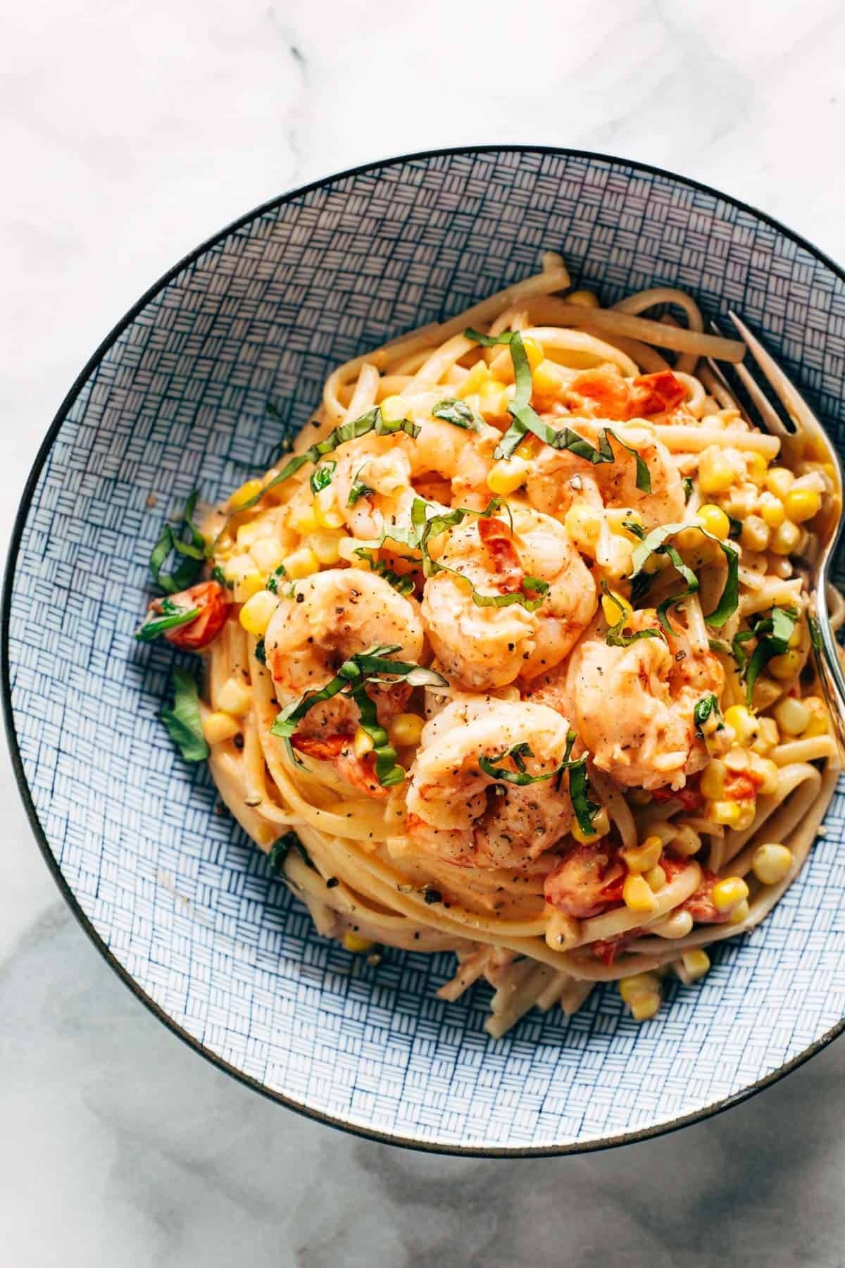 Shrimp with pasta.