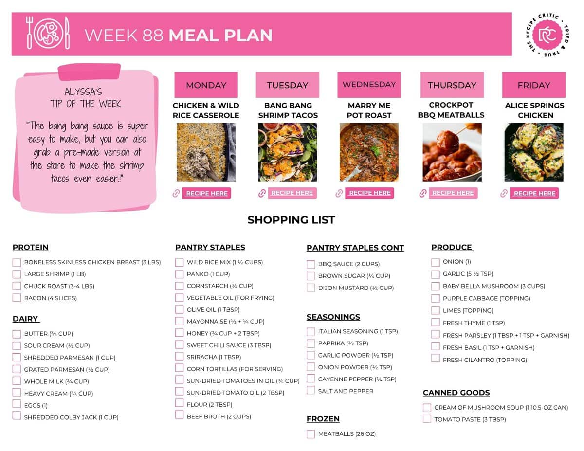 Image of the printable shopping list for the weekly meal plan. 