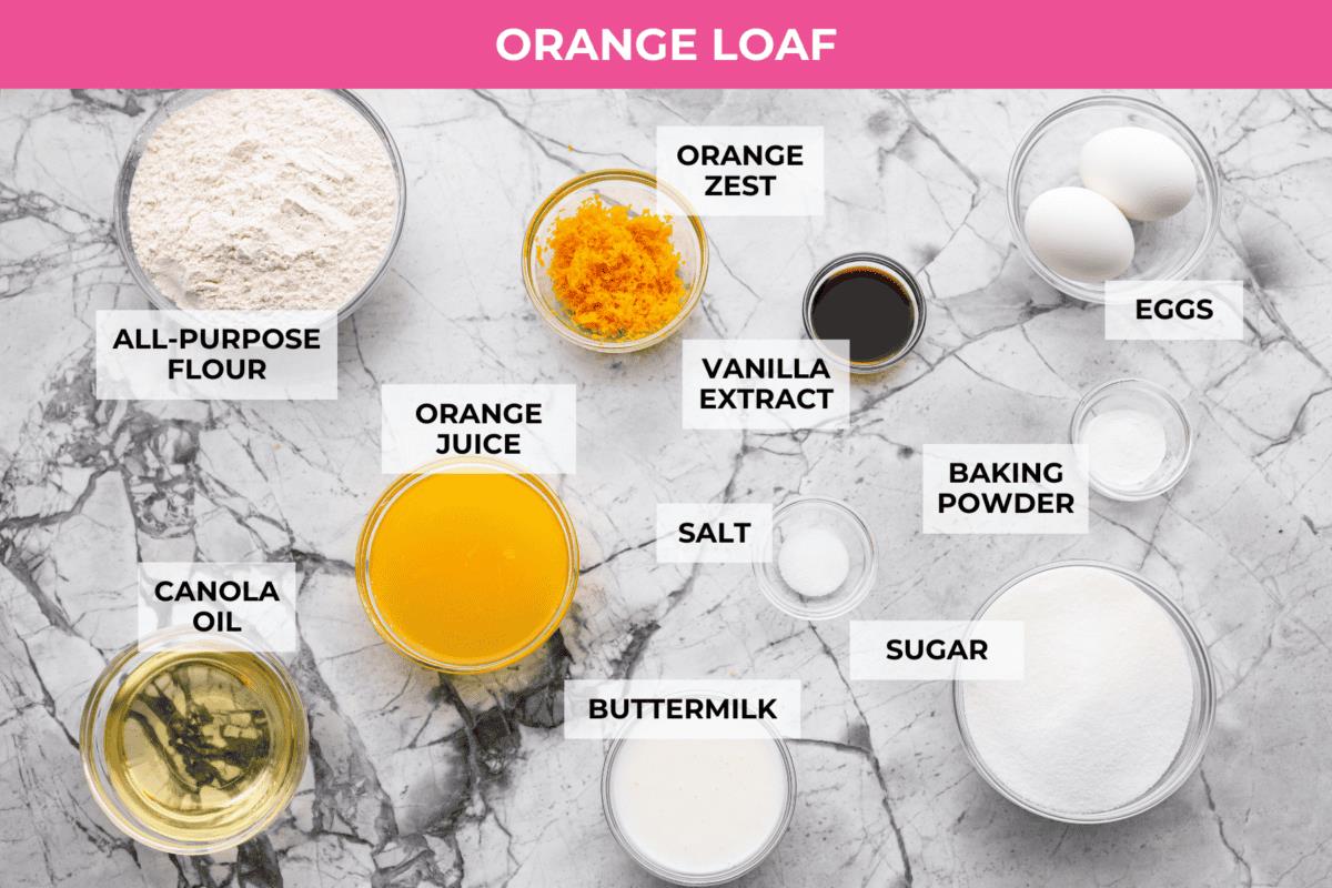 Overhead shot of labeled orange loaf ingredients. 