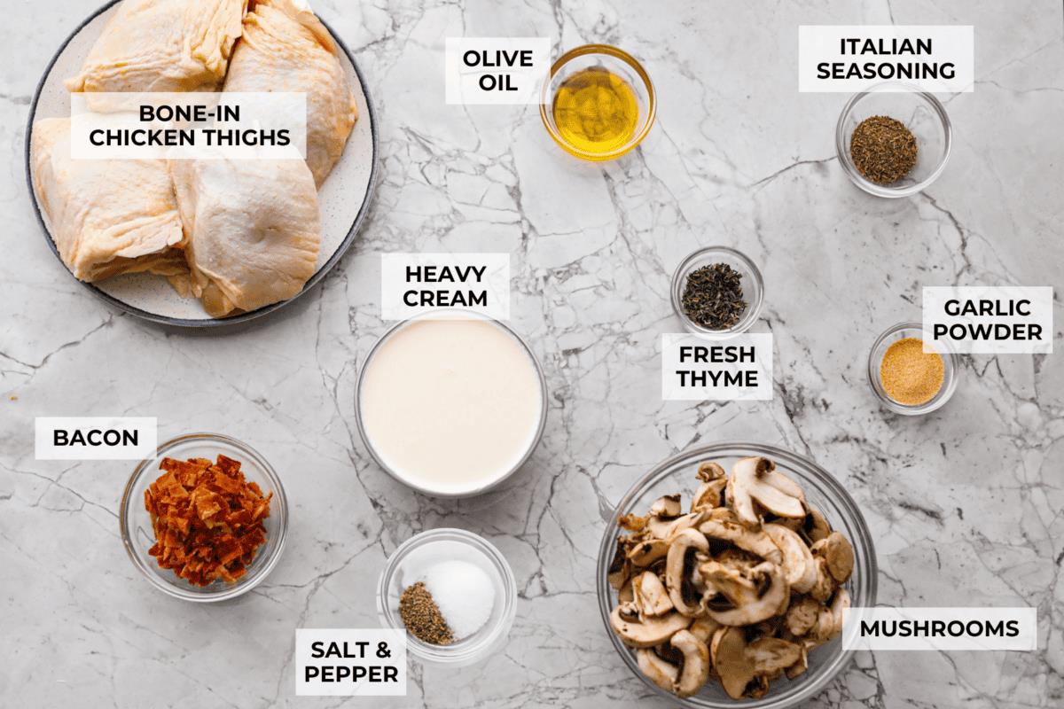 Overhead shot of labeled ingredients. 