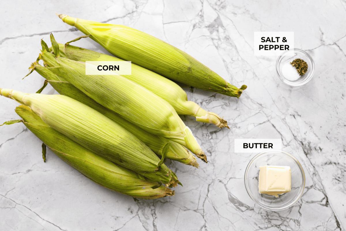 Overhead shot of labeled ingredients. 