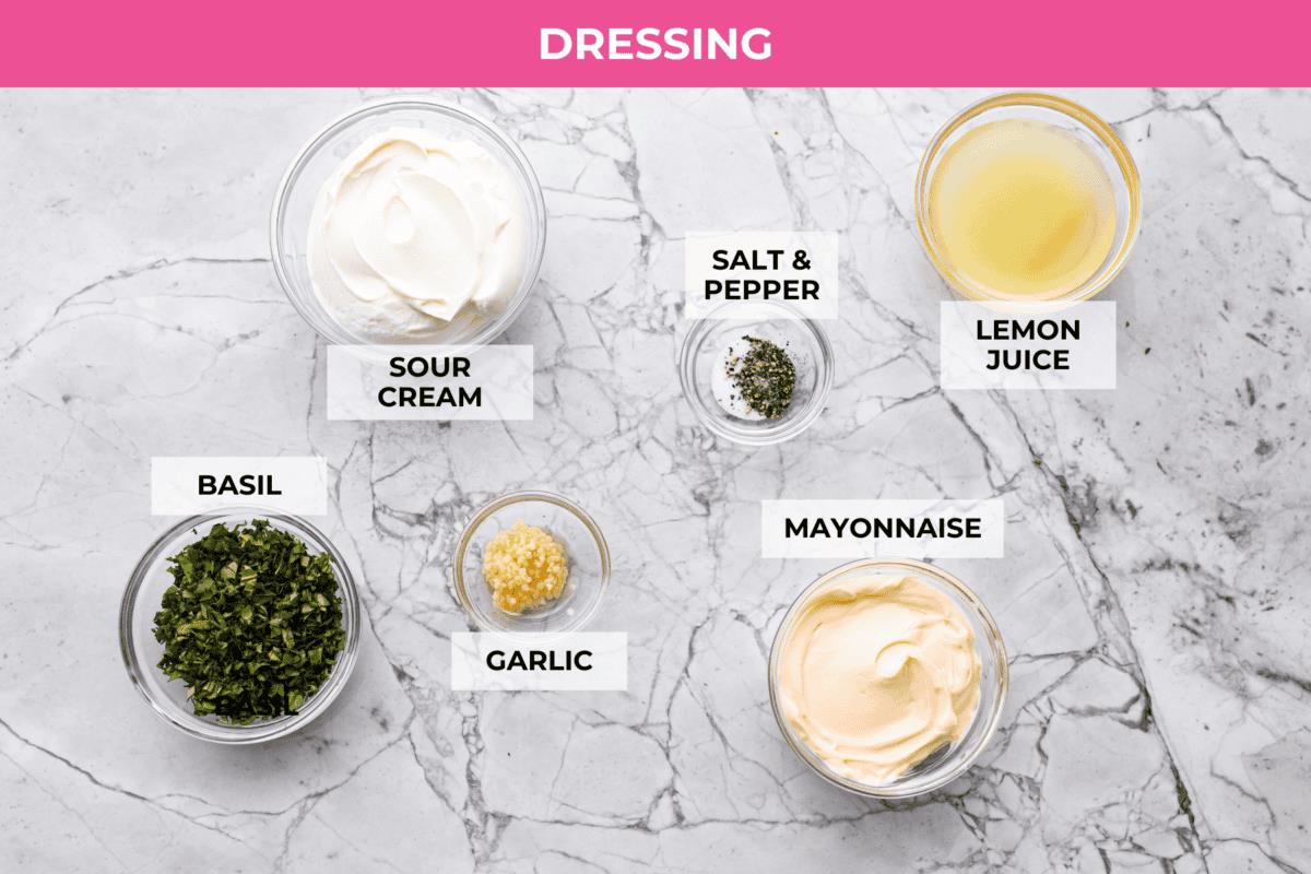 Overhead shot of labeled Ruth's Chris chopped salad dressing ingredients. 