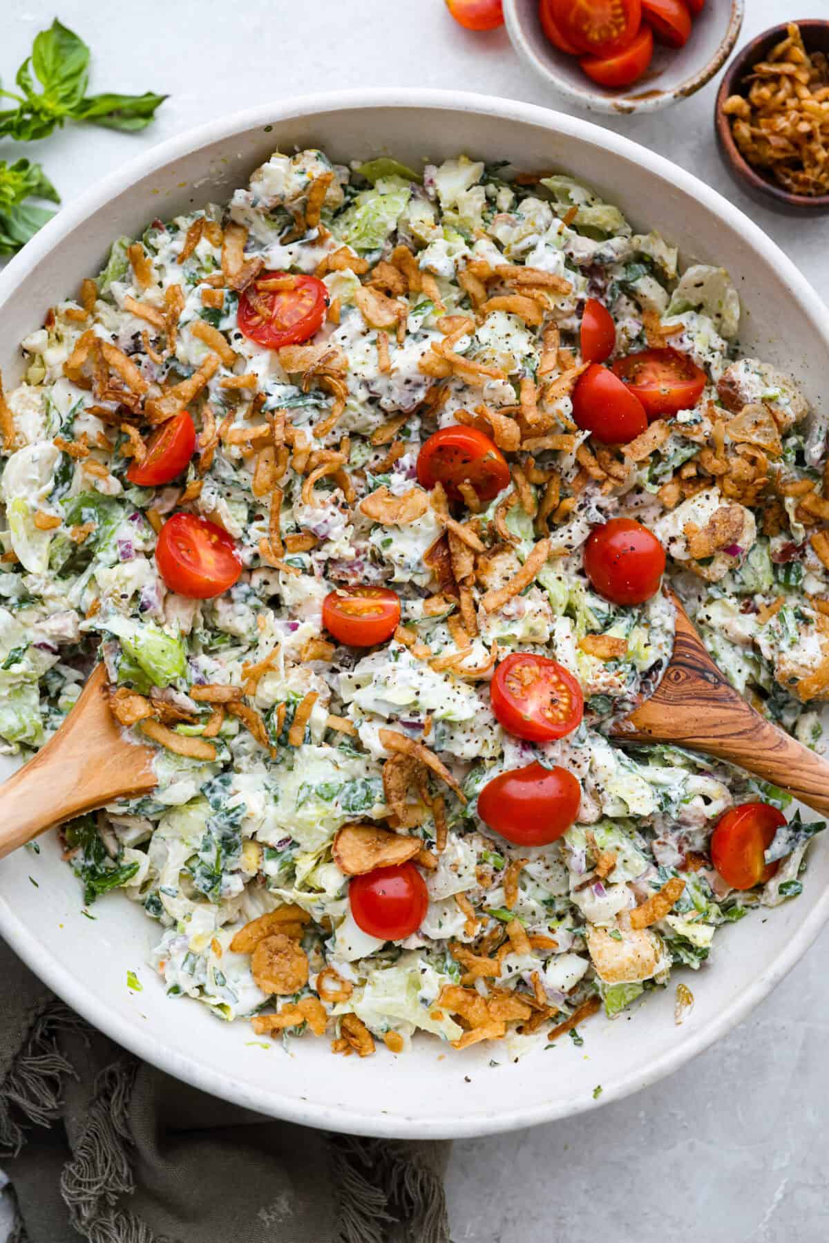 Overhead shot of a large bowl of Ruth's Chris chopped salad. 