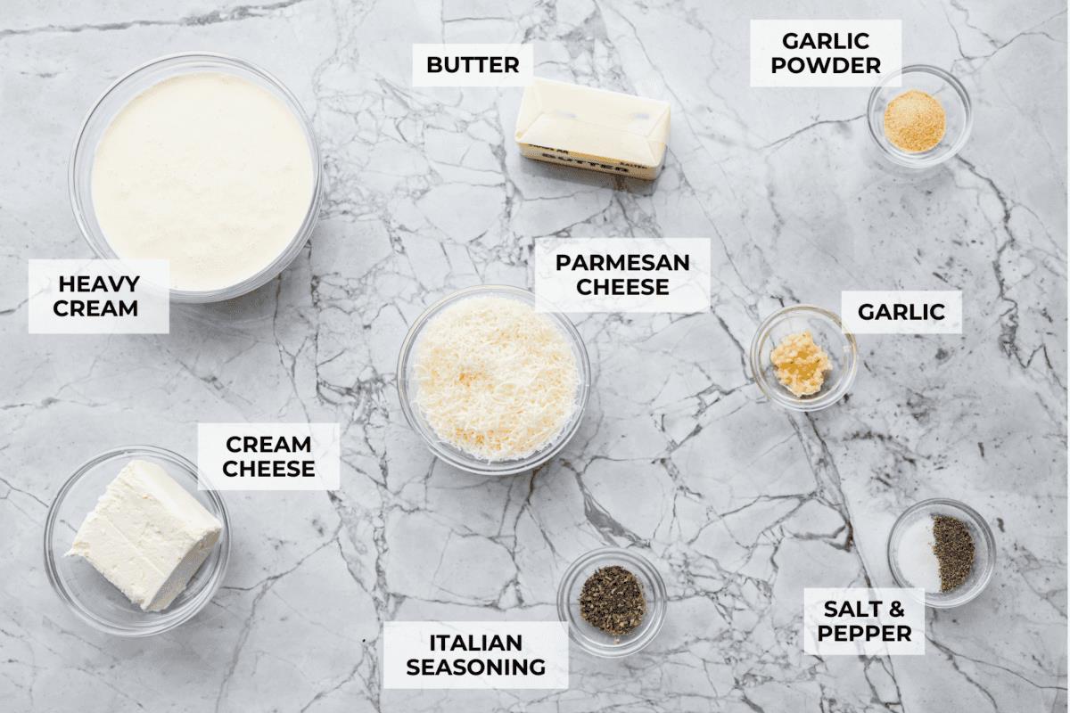 Overhead shot of labeled ingredients.