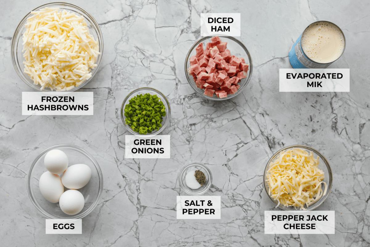 Overhead shot of labeled farmer's casserole ingredients. 