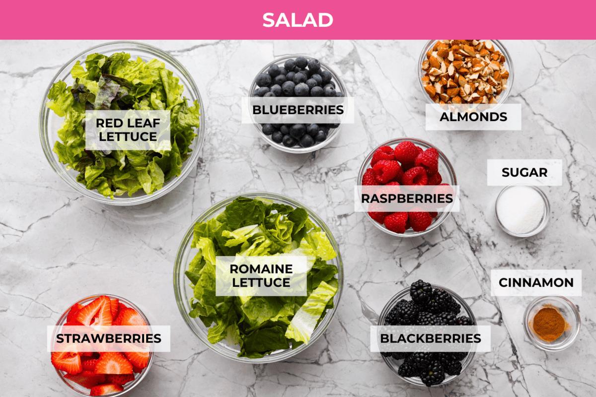 Overhead shot of labeled salad ingredients. 