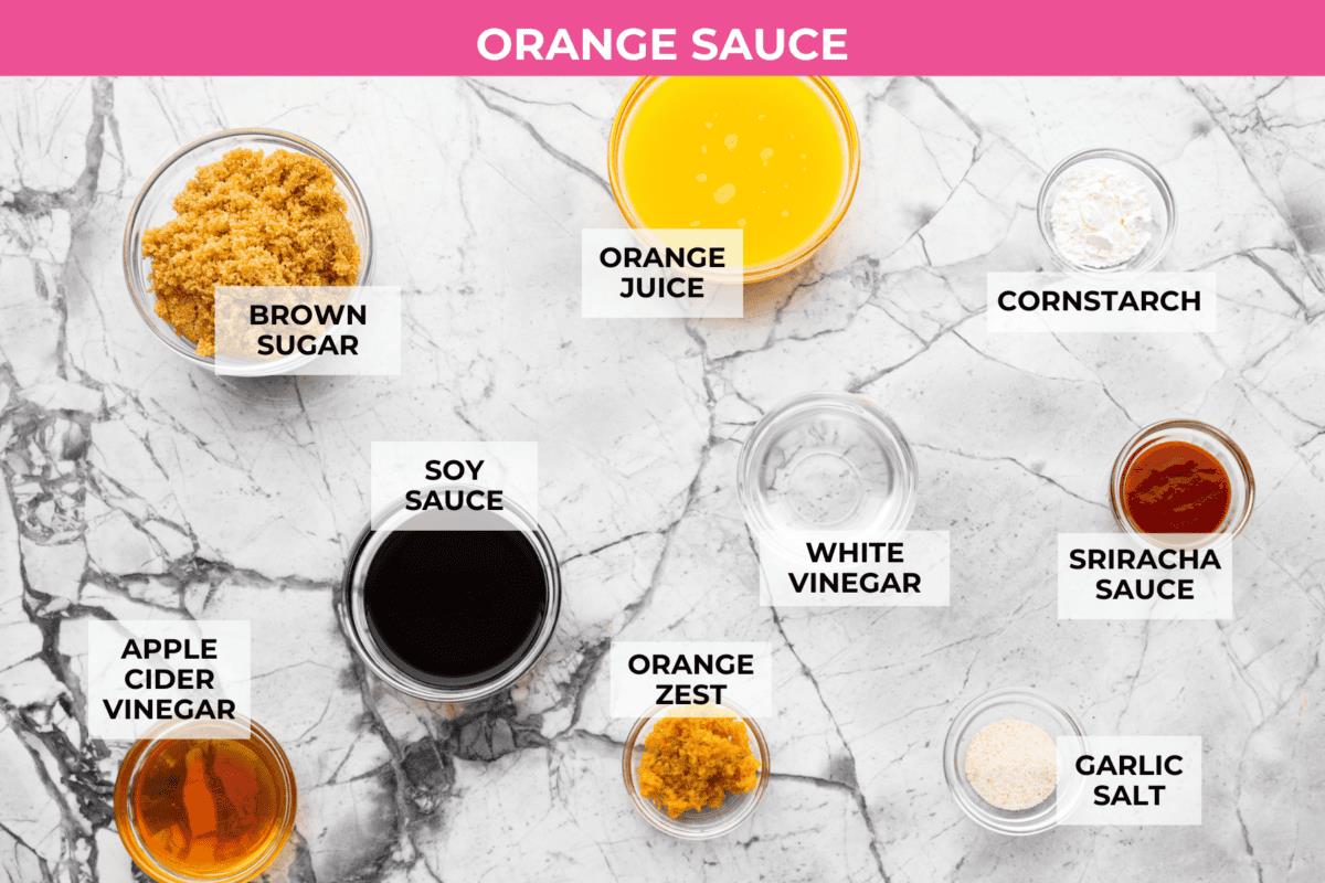 Overhead shot of labeled sauce ingredients. 