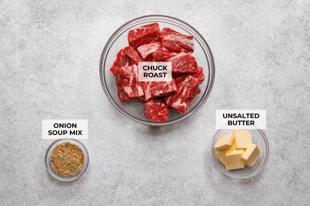 Overhead shot of labeled ingredients. 