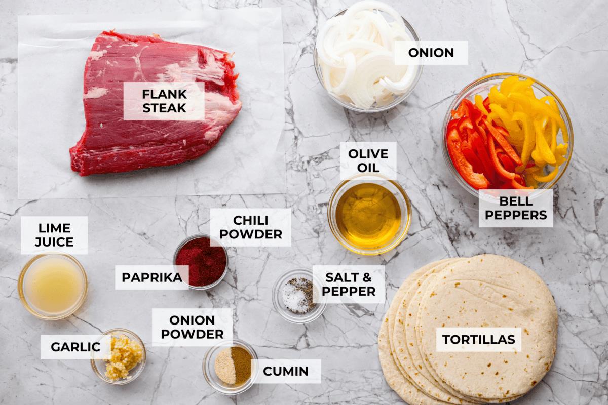 Overhead shot of labeled ingredients. 