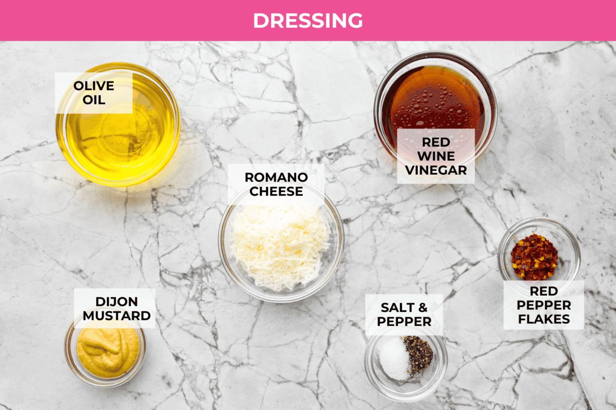 Overhead shot of labeled dressing ingredients. 
